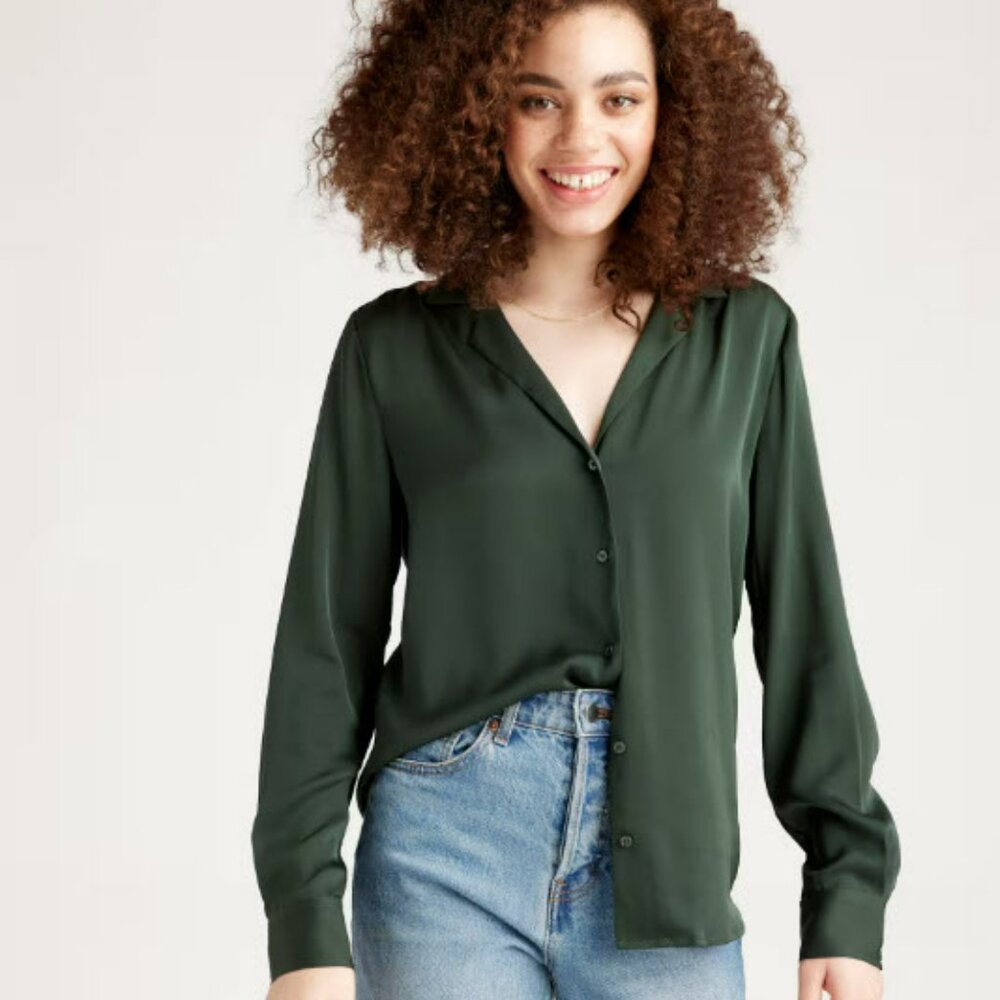 Quince Forrest Green Button Up Silk Blouse
